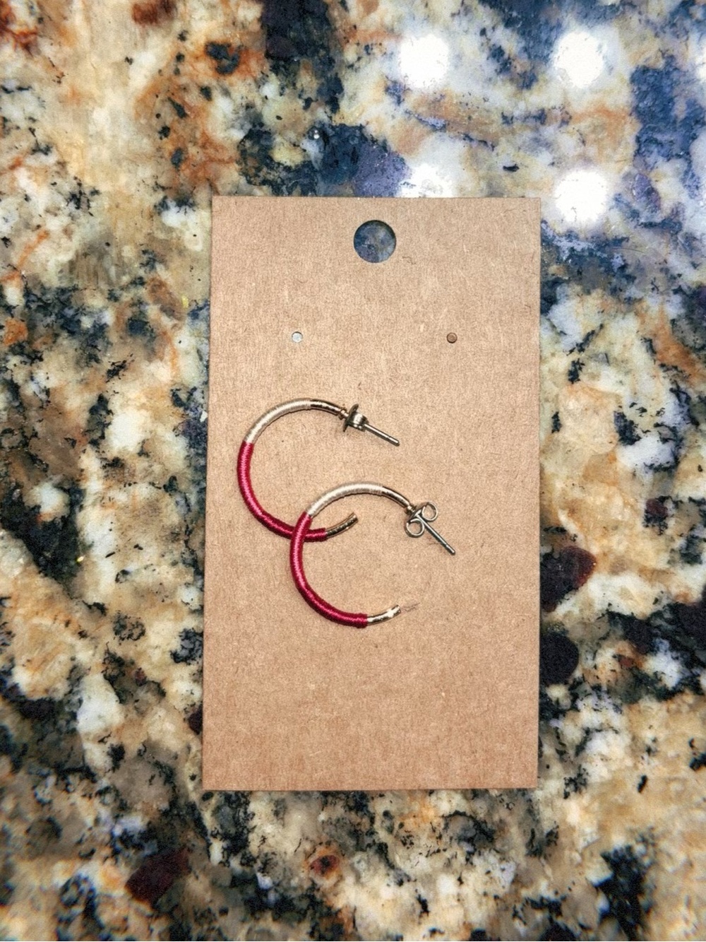 Gold-Tone Hoop Earrings with Pink Thread Accent
